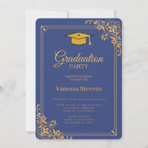 Blauw en goud klassieke afstudeerhoed party kaart