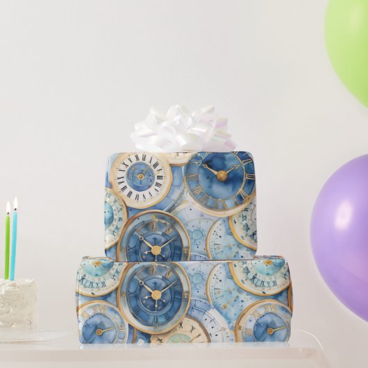 Blauw en Goud Klok Patroon Cadeaupapier (Feestgeschenken)