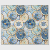 Blauw en Goud Klok Patroon Cadeaupapier (Vlak)