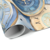 Blauw en Goud Klok Patroon Cadeaupapier (Rol Hoek)