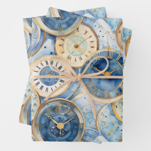 Blauw en Goud Klok Patroon Inpakpapier Vel