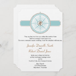 Blauw en Goud Kompas Roos Strand Bruiloft Kaart