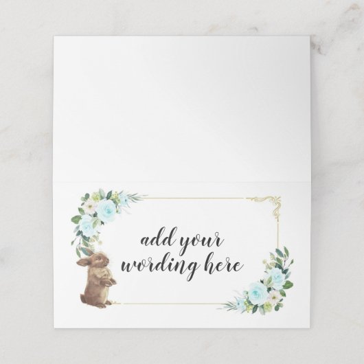Blauw en goud konijn met bloemen Pasen Plaatskaartje (Buitenkant ongevouwen)