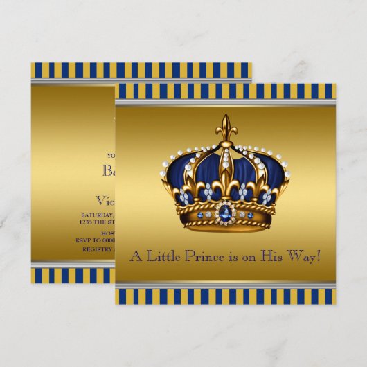 Blauw en Goud Koninklijk Baby shower Kaart (Voorkant / Achterkant)
