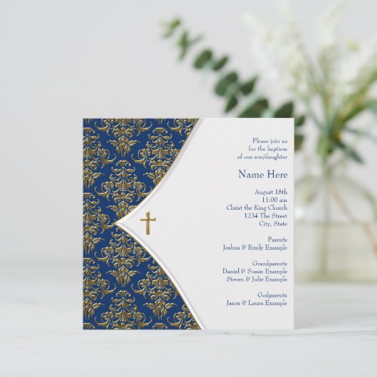 Blauw en Goud Kruis doop Kaart (Staand voorkant)
