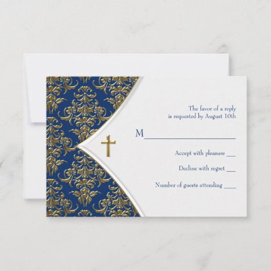 Blauw en Goud Kruis doop RSVP (Voorkant)