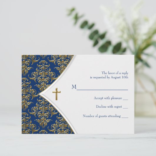 Blauw en Goud Kruis doop RSVP (Staand voorkant)