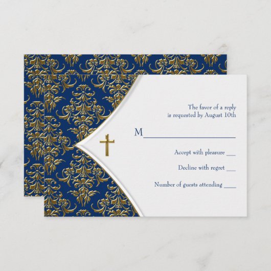 Blauw en Goud Kruis doop RSVP (Voorkant / Achterkant)