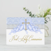 Blauw en Goud Kruis Jongens Eerste Communie Kaart (Staand voorkant)