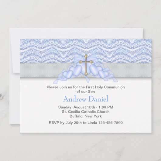 Blauw en Goud Kruis Jongens Eerste Communie Kaart (Achterkant)