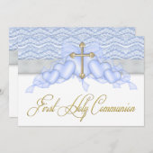 Blauw en Goud Kruis Jongens Eerste Communie Kaart (Voorkant / Achterkant)