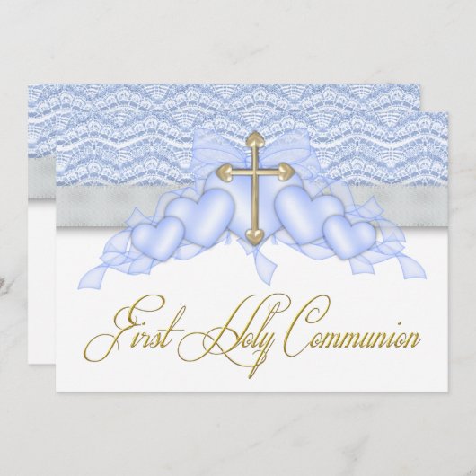 Blauw en Goud Kruis Jongens Eerste Communie Kaart (Voorkant / Achterkant)