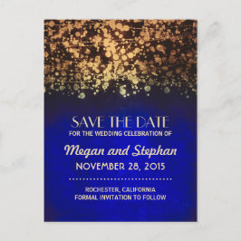 Blauw en goud  lichtjes slaan de datum op aankondigingskaart