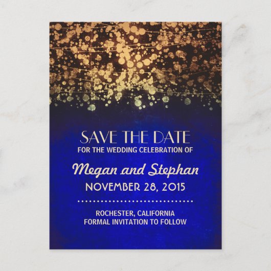 Blauw en goud  lichtjes slaan de datum op aankondigingskaart (Voorkant)