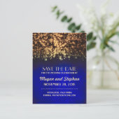 Blauw en goud  lichtjes slaan de datum op aankondigingskaart (Staand voorkant)