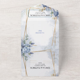 Blauw en Goud Lijst Waterverf Bloemen All In One Uitnodiging