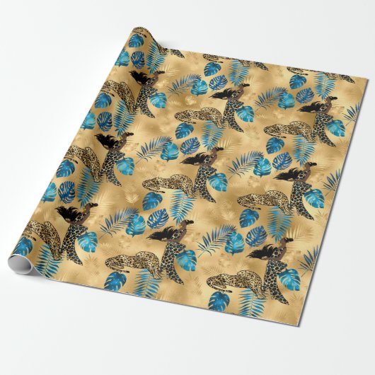 Blauw en Goud Luipaard Serie Ontwerp 7 Cadeaupapier (Uitgerold)