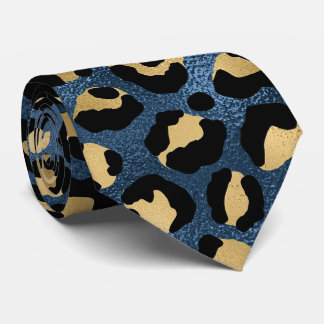 Blauw en goud luipaardprint stropdas
