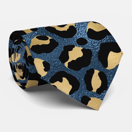 Blauw en goud luipaardprint stropdas (Opgerold)