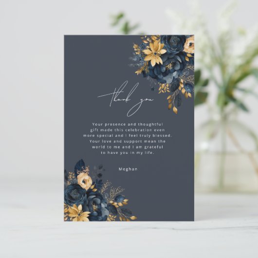 Blauw en Goud Luxe Bloemen Dank u Kaart (Staand voorkant)