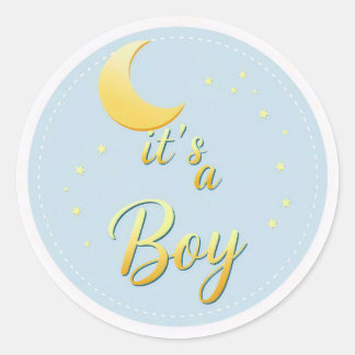 Blauw en Goud Maan & Sterren Het is een Jongen Bab Ronde Sticker