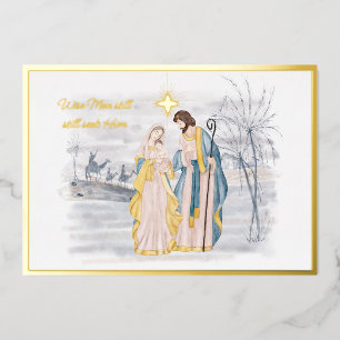 Blauw en goud Maria, Jozef en Jezus Kerstmis Folie Feestdagenkaart