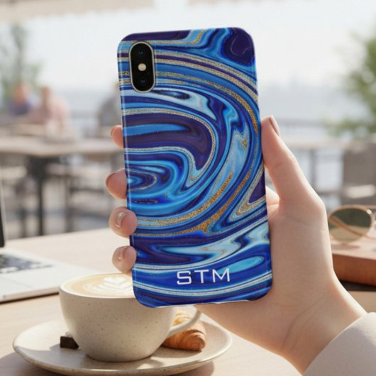 Blauw en Goud Marmer Agaten Monogram Case-Mate iPhone Case