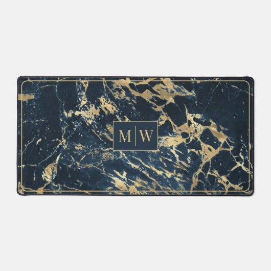 Blauw en goud marmer elegant monogram bureaumat (Voorkant)