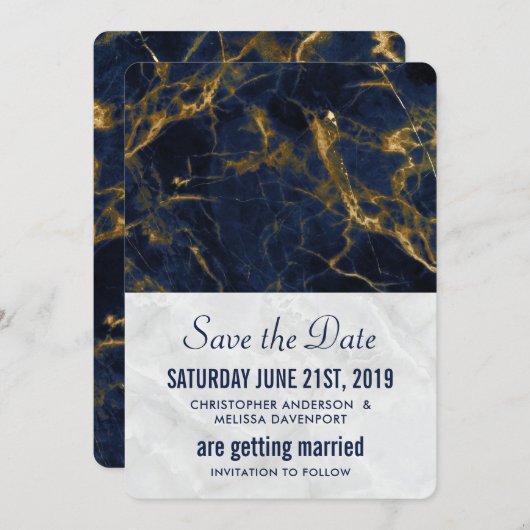 Blauw en goud marmer modern stijlvol huwelijk save the date (Voorkant / Achterkant)