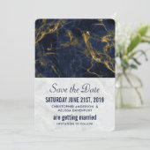 Blauw en goud marmer modern stijlvol huwelijk save the date (Staand voorkant)