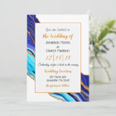 Blauw en goud marmer vloeibare kunst trouwfeest kaart (Staand voorkant)