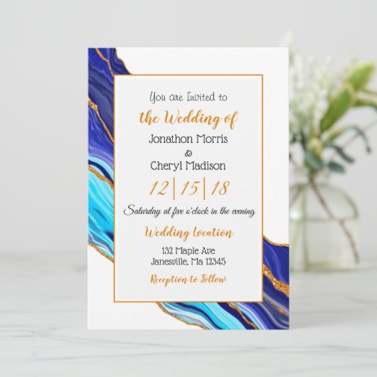 Blauw en goud marmer vloeibare kunst trouwfeest kaart (Staand voorkant)