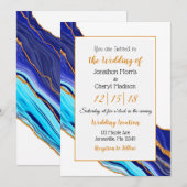 Blauw en goud marmer vloeibare kunst trouwfeest kaart (Voorkant / Achterkant)