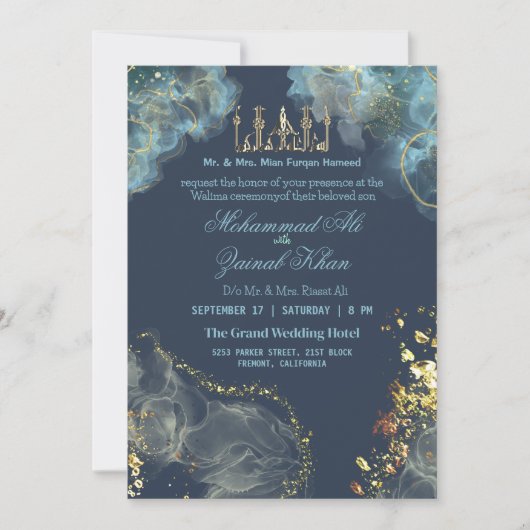 Blauw en goud Marmeren inkt Valima Uitnodiging (Voorkant)