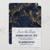 Blauw en goud marmeren moderne stijlvolle bruiloft save the date (Voorkant / Achterkant)