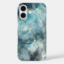 Blauw en Goud Marmeren Patroon iPhone Case
