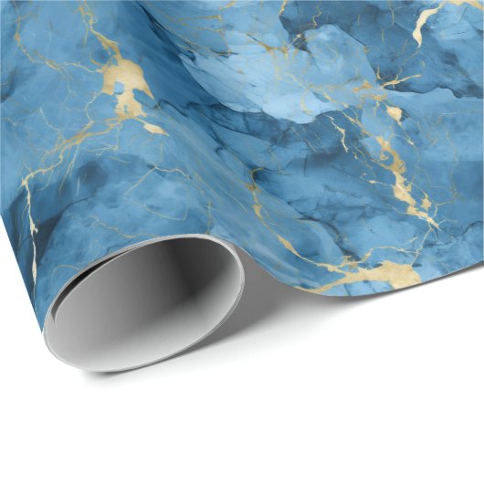 Blauw en goud marmeren vloeibare stijl patroon cadeaupapier (Rol Hoek)