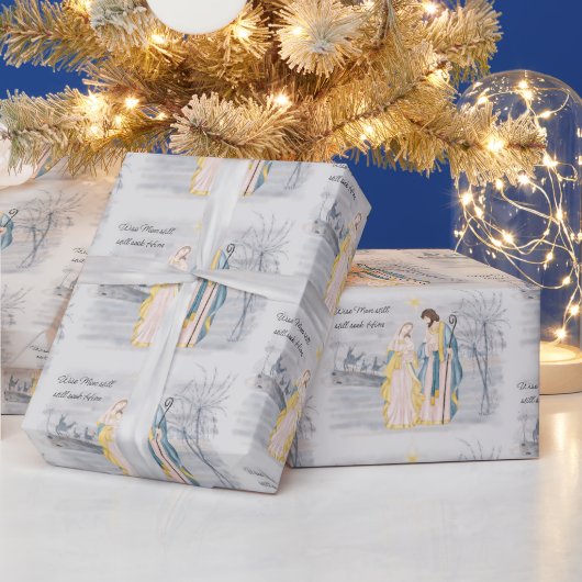 Blauw en goud Mary, Joseph en Jesus Holiday Cadeaupapier (Feestdagen)