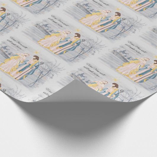 Blauw en goud Mary, Joseph en Jesus Holiday Cadeaupapier (Hoek)