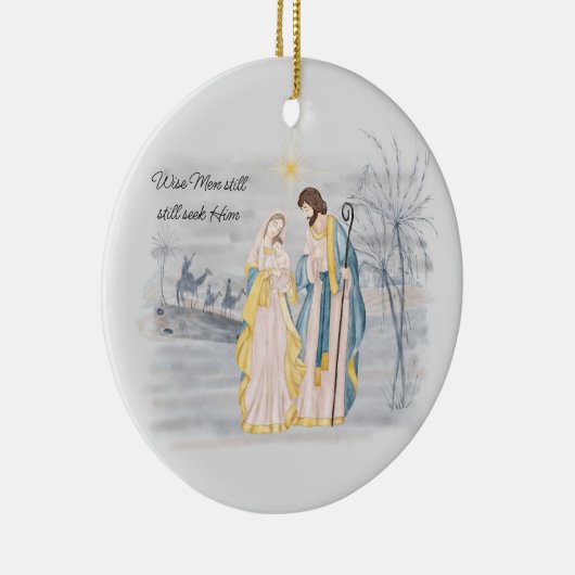 Blauw en goud Mary, Joseph en Jesus Holiday Keramisch Ornament (Rechts)