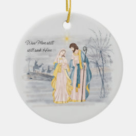 Blauw en goud Mary, Joseph en Jesus Holiday Keramisch Ornament