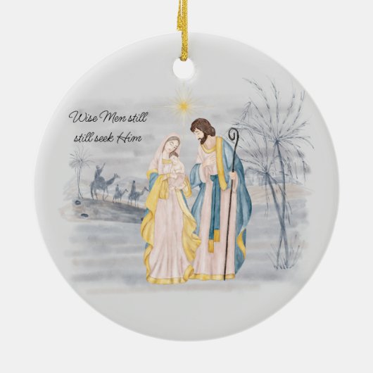 Blauw en goud Mary, Joseph en Jesus Holiday Keramisch Ornament (Achterkant)