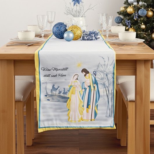 Blauw en goud Mary, Joseph en Jesus Holiday Korte Tafelloper