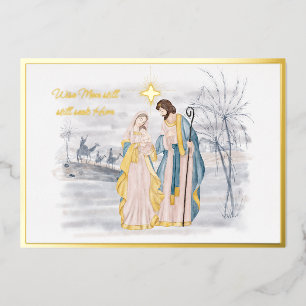 Blauw en goud Mary, Joseph en Jezus Kerstmis Folie Feestdagenkaart