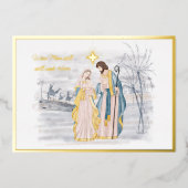 Blauw en goud Mary, Joseph en Jezus Kerstmis Folie Feestdagenkaart (Voorkant)