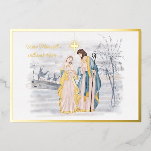 Blauw en goud Mary, Joseph en Jezus Kerstmis Folie Feestdagenkaart (Voorkant)