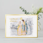 Blauw en goud Mary, Joseph en Jezus Kerstmis Folie Feestdagenkaart (Staand Voorkant)