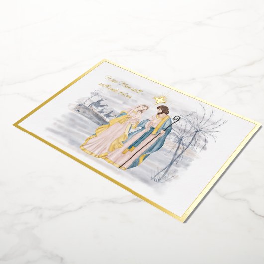 Blauw en goud Mary, Joseph en Jezus Kerstmis Folie Feestdagenkaart (Gedraaid)