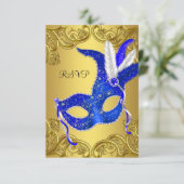 Blauw en Goud Masquerade Party RSVP (Staand voorkant)