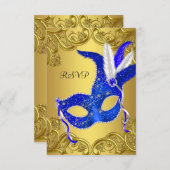 Blauw en Goud Masquerade Party RSVP (Voorkant / Achterkant)